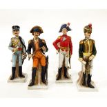 Set of four continental porcelain figures of Napoleonic soldiers, each on square bases,