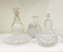 19th century decanter with triple ring neck, a cut glass bowl with hobnail decoration,