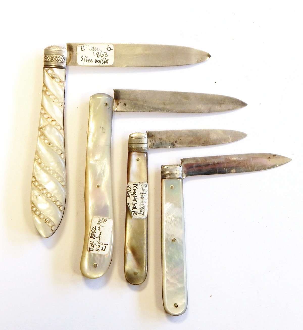 Late Victorian silver-bladed folding fruit knife with mother-of-pearl scales, - Image 2 of 2