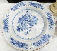 18th century Delft blue and white charger, the centre decorated with a basket of chrysanthemums,