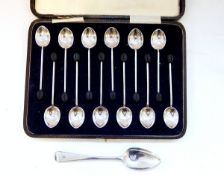 Set of 12 silver coffee bean spoons, Sheffield 1925, boxed, and another teaspoon,