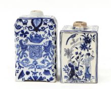 Dutch Delft tea canister of rectangular form decorated with a coat of arms with lion supporters to