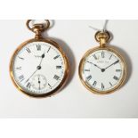 Waltham gold-plated open-faced pocket watch with Roman numerals and subsidiary dial,