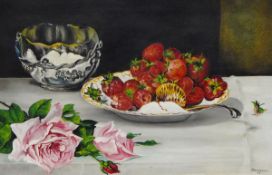 J Gorbell (early 20th century) Oil on canvas Still life with plate of strawberries,