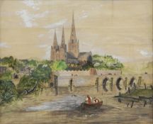 Unattributed Watercolour and bodycolour Church in the background with a bridge and river,