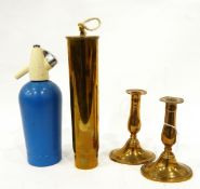 Pair of brass candlesticks, soda syphon, trench art, etc.