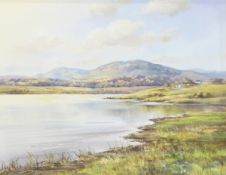 Alan Morgan (20th century) Oil on canvas Lochside landscape with cottages and hills in distance,