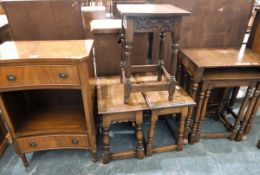 20th century oak nest of three tables, 52cm wide together with a two oak stools,
