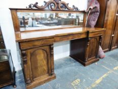 19th century mahogany incuse breakfront mirror-backed pedestal sideboard with two cupboards,