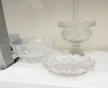 Early 19th century cut glass pedestal bowl, the body with hobnail decoration and wavy rim,