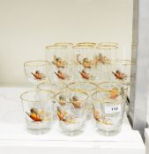 Set of tumblers and stemmed glasses decorated with flying pheasant (16)