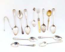 A set of George III silver teaspoons, other decorative items, a small pair of sugar nips,