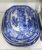 Victorian blue and white meat dish depicting a river landscape and house beyond,