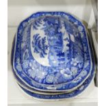 Victorian blue and white meat dish depicting a river landscape and house beyond,