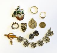 Marcasite and enamel sailing galleon brooch, a quantity of marcasite items,