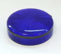 Continental enamelled silver circular box with bright blue guilloche enamelling and hinged cover,