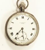 Silver cased open-faced pocket watch with Roman numerals and subsidiary seconds hand dial,