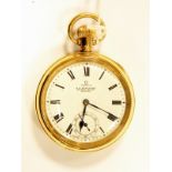 Omega gold-plated open-faced gentleman's pocket watch with enamel dial, Roman numerals,
