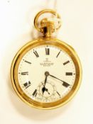 Omega gold-plated open-faced gentleman's pocket watch with enamel dial, Roman numerals,