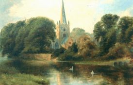 A 19th century watercolour, Village scene by a river, framed, Oil on canvas,