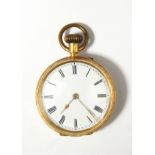 Gold open-faced fob watch with engraved foliate scroll decoration,