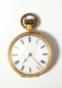 Gold open-faced fob watch with engraved foliate scroll decoration,