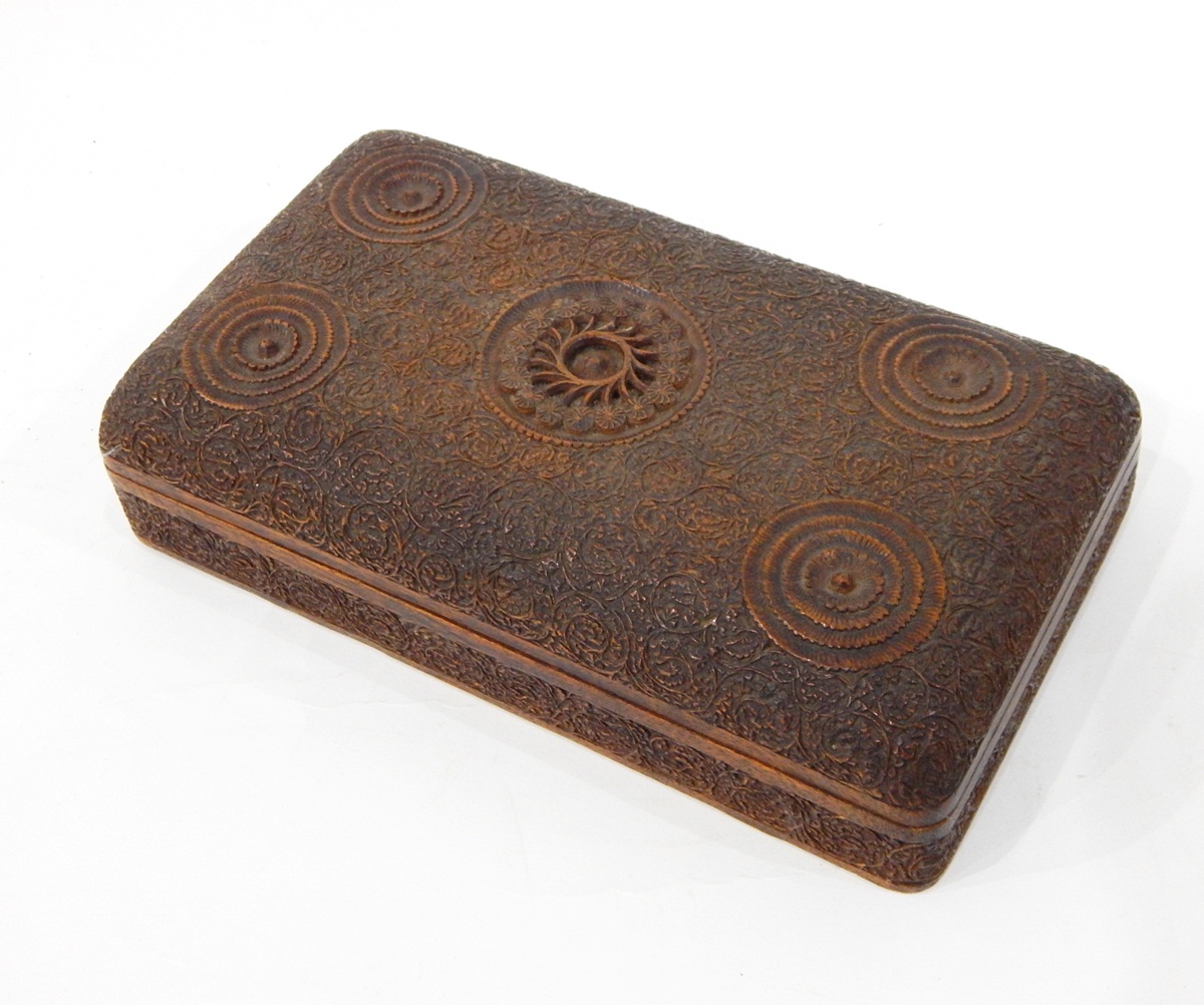 Carved hardwood cigarette box, intricately decorated with foliate scrolls, - Image 2 of 3