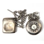Silver-cased half-hunter pocket watch with chain together with a silver vesta case,