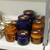 Pair of Hornsea pottery storage jars decorated with geometric designs on a blue ground,