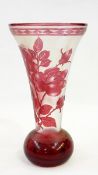 K L Morris (1885) red flashed glass trumpet-shaped vase,