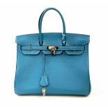 Hermes-style reproduction blue leather handbag