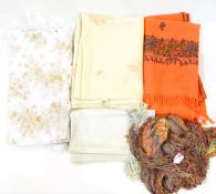 Cream Indian embroidered cashmere shawl, another coral with floral embroidery,