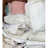 Quantity of lace edged tablecloths, cut and drawn thread, embroidered, etc.