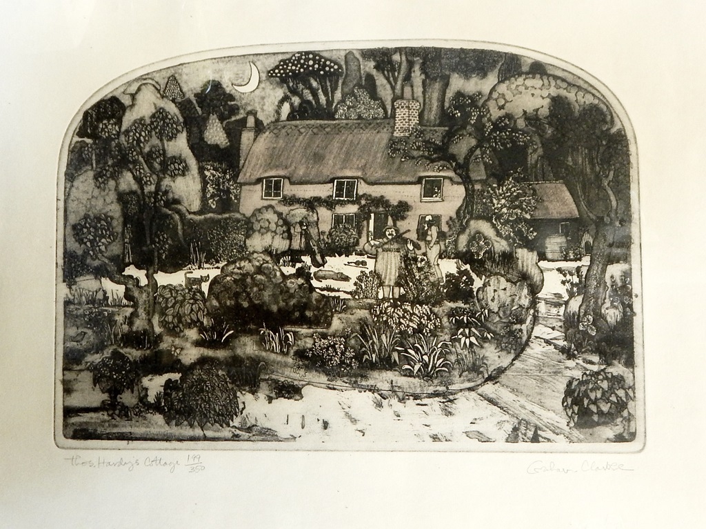 Graham Clarke (b 1941) Etching and aquatint in colours "Thomas Hardy's cottage" signed in pencil