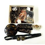 Enamelled buckle of Chinese design (af), various pieces of tortoiseshell, bone handbag handles,