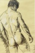 Ken Hurd Charcoal and bodycolour Male nude figure with back turned, signed in pencil bottom right,