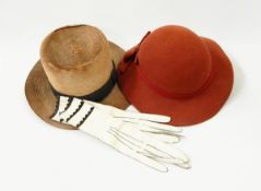 Assorted vintage hats, kid gloves, an Ermine tippet, etc.