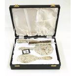 Modern silver dressing table set, 4 pieces : mirror, brush, clothes brush and comb,