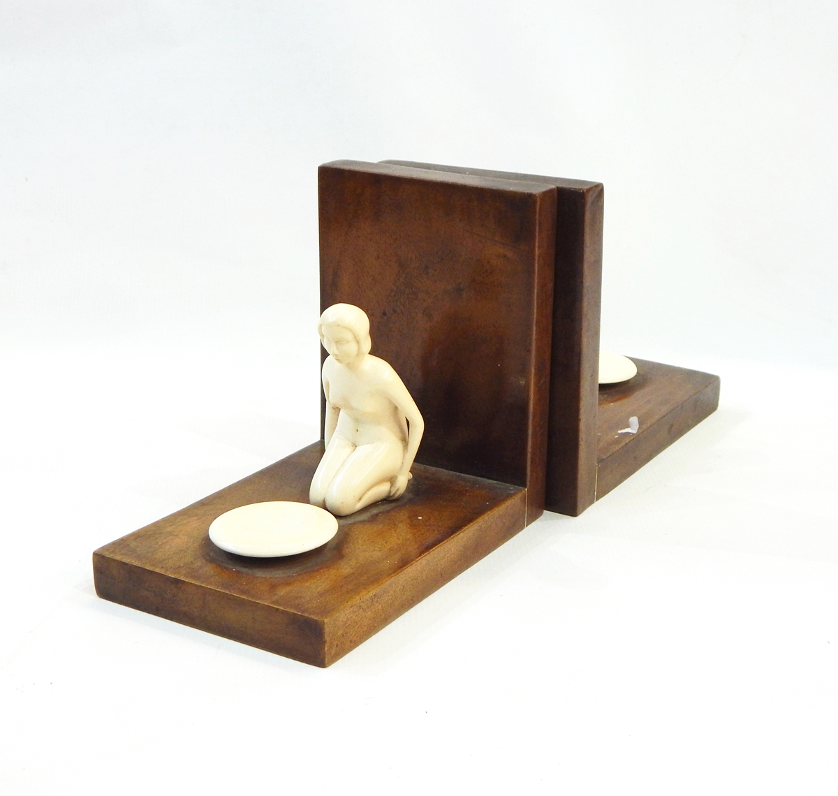 Pair wood and ivory bookends each with kneeling female nude