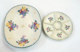 Poole pottery bread dish with hand-painted floral decoration, green dot -effect rim,