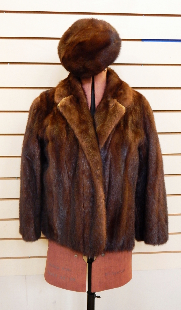 Dark mink jacket with a matching beret, the coat labelled 'A Dawson Limited, New Bond Street,