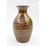 Ray Finch Winchcombe pottery vase with flared rim and ovoid body, wax resist meander decoration,