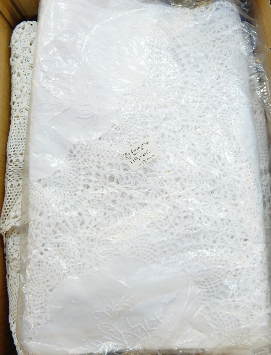 Large cream crocheted bed cover, various table napkins,