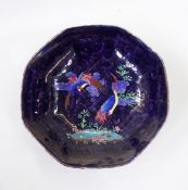 Mosanic hand-painted ceramic toad/frog under a lilypad both decorated with floral and bird pattern,