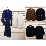 Gentleman's silk blue and black dressing gown with fringed belt, a cream linen suit,