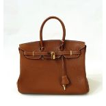 Hermes-style reproduction brown leather handbag with large box and a dust bag (3)