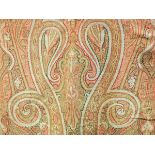 Large woven paisley shawl in shades of red, green, black and pale blue, tasselled ends, approx.