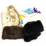 Three pairs of white kid gloves, various fur tippets,