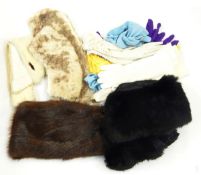 Three pairs of white kid gloves, various fur tippets,