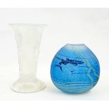 Convex glass vase with blue ground and abstract pattern,